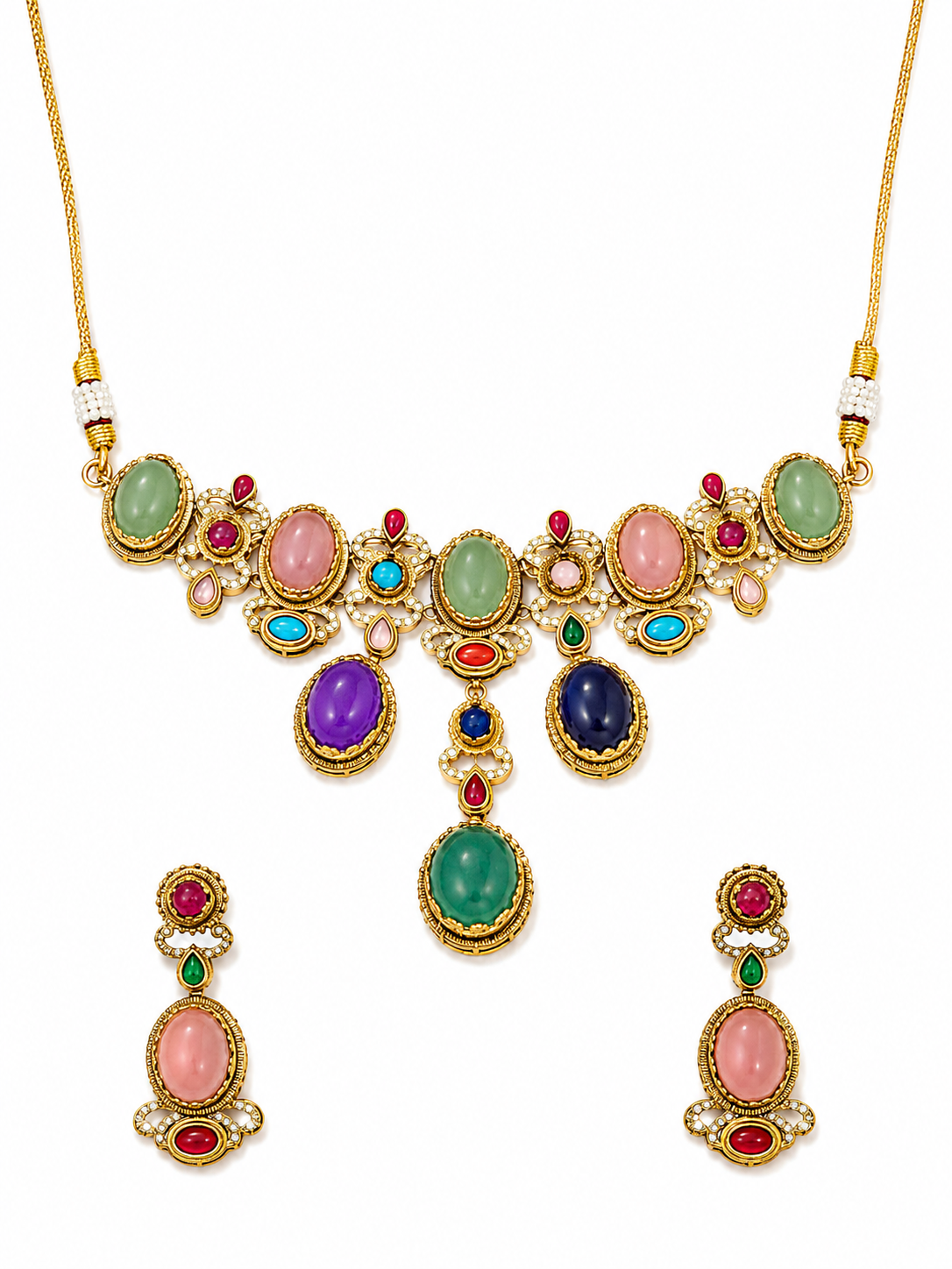 Multicolor Alloy Gold Tone Stone Necklace Set For Women