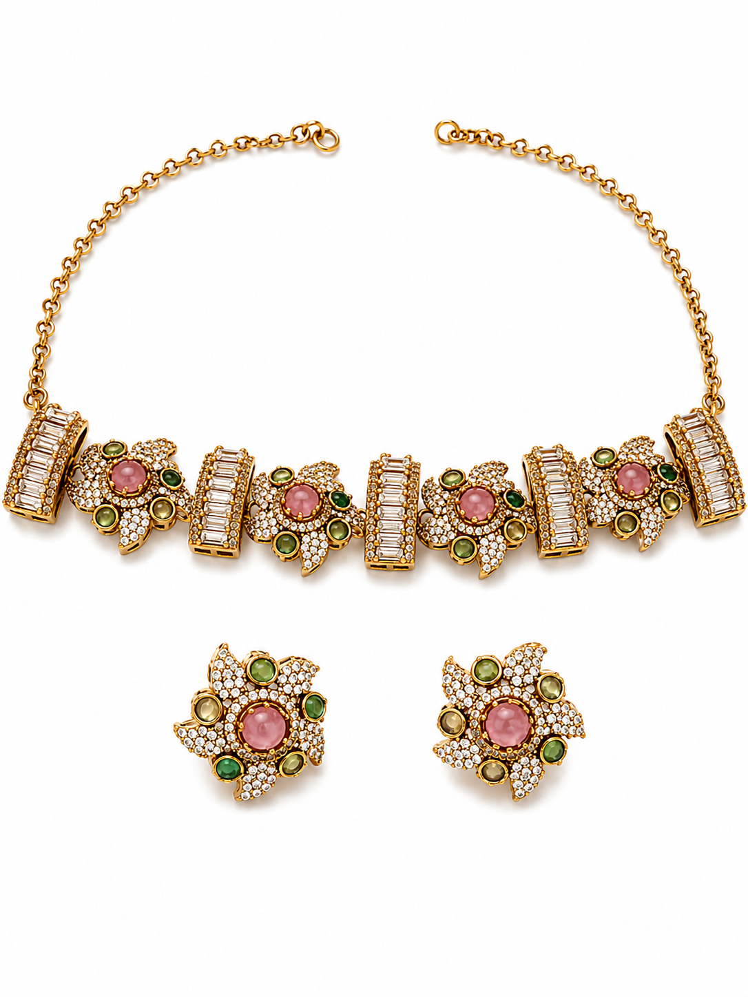 Gold Tone Multicolour Stone Studded Necklace Set For Women