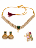 Gold Tone Green Stone Necklace Earring Ring Set For Women
