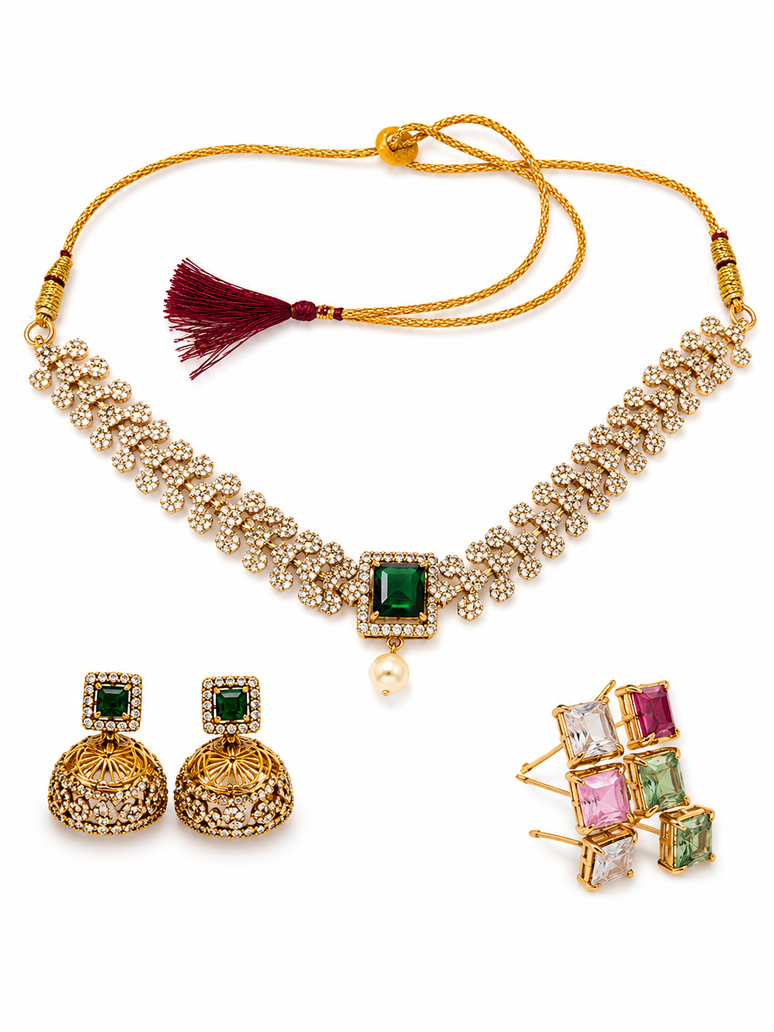 Gold Tone Green Stone Necklace Earring Ring Set For Women