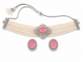 Pink Alloy Pearl Multi Strand Choker Necklace Set For Women