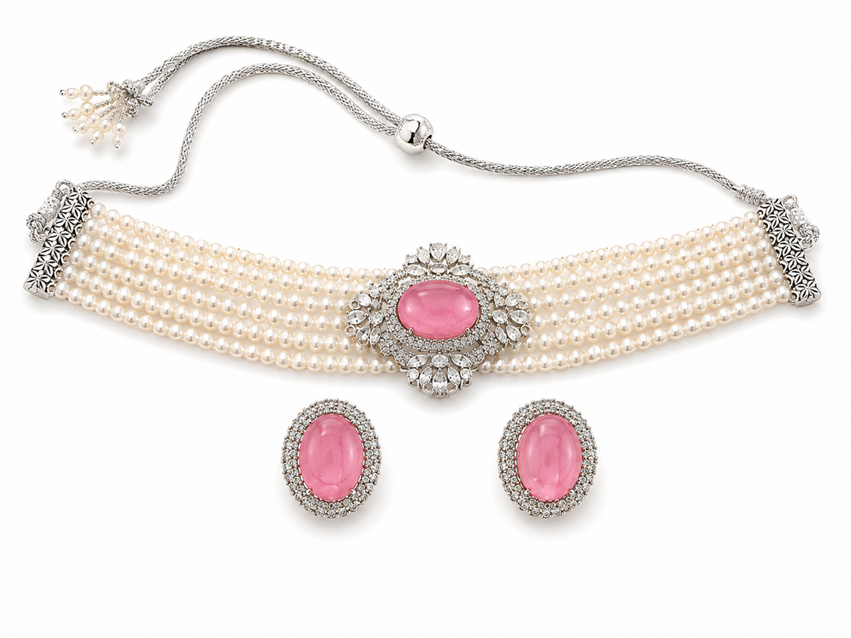 Pink Alloy Pearl Multi Strand Choker Necklace Set For Women