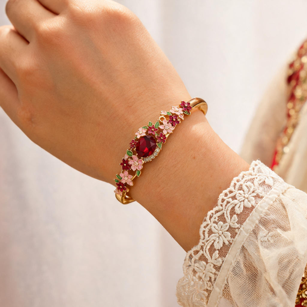 Gold Alloy Tarnish Floral Embellished Bracelet For Women