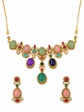 Gold Tone Multicolour Stone Necklace Set For Women