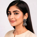 Silver Alloy Oxidised Floral Stone Jhumka Earrings For Women