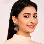 Silver Alloy Oxidised Floral Stone Jhumka Earrings For Women