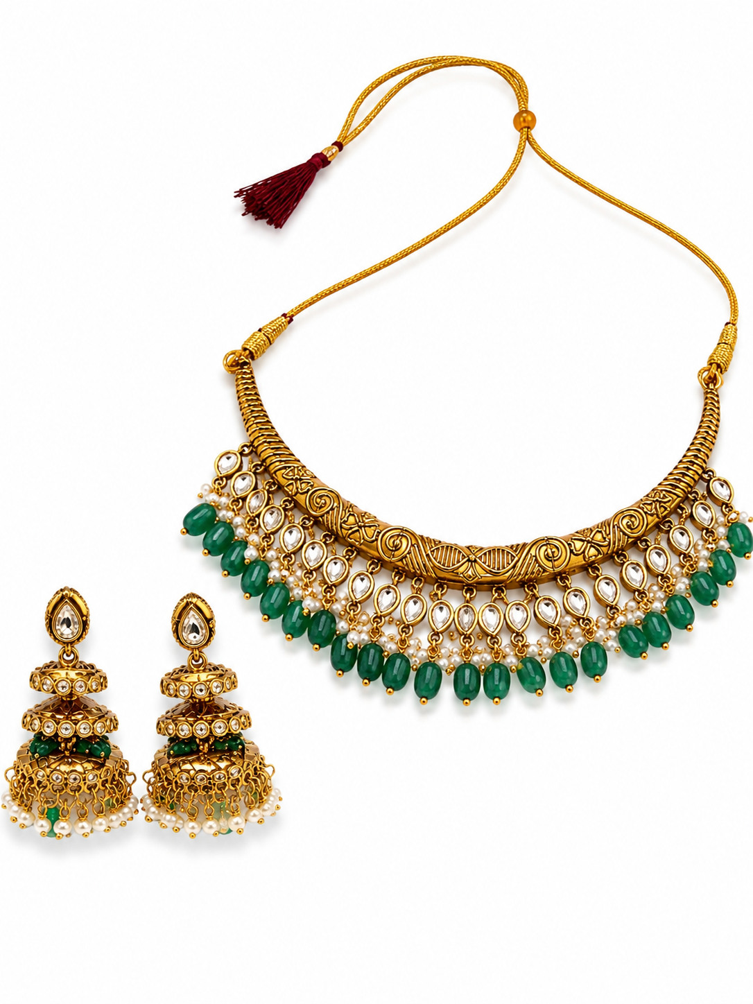 Green Alloy Beaded Necklace Set For Women