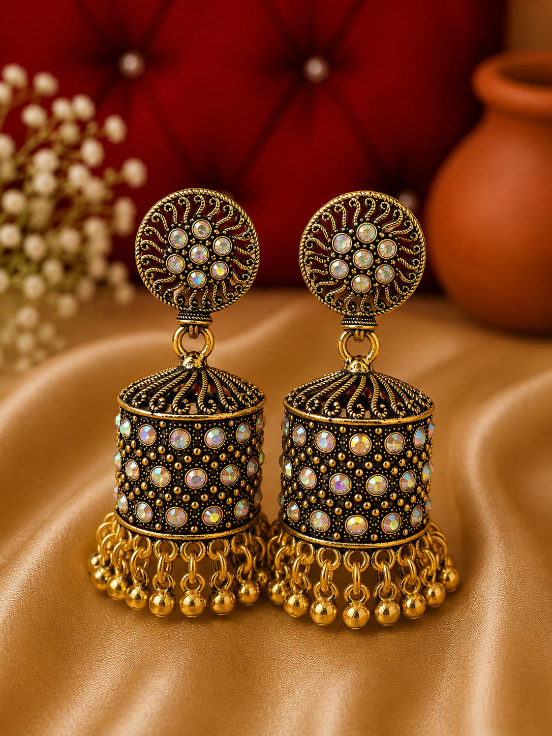 Black Gold Alloy Stone Jhumka Earrings For Women