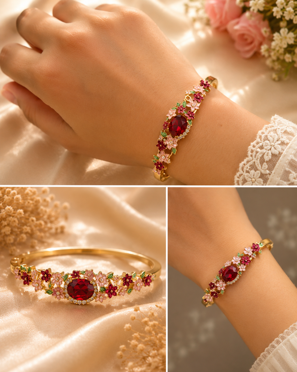 Gold Alloy Tarnish Floral Embellished Bracelet For Women