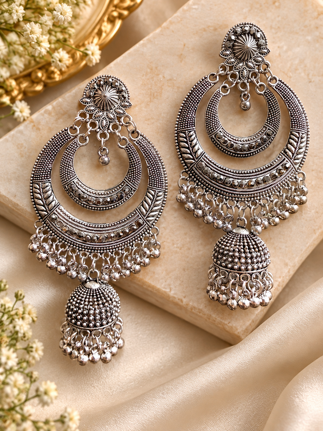 Oxidised Silver Chandbali Jhumka Earrings