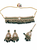 Green Alloy Pearl Choker Jewellery Set For Women