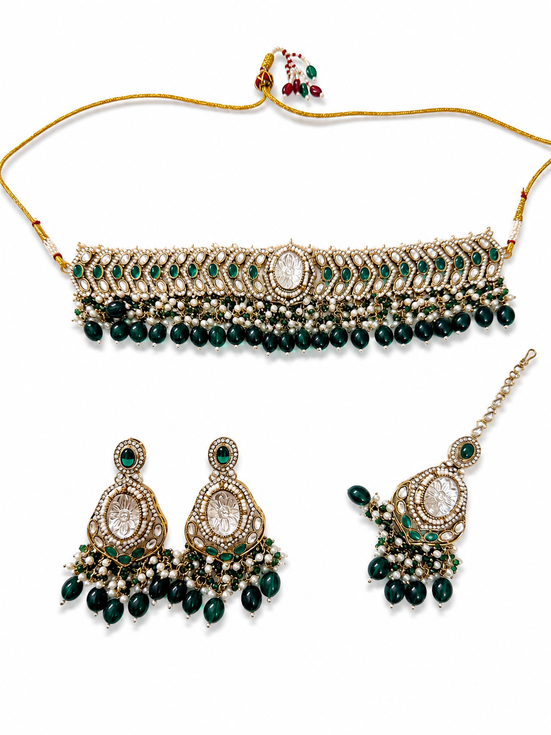 Green Alloy Pearl Choker Jewellery Set For Women