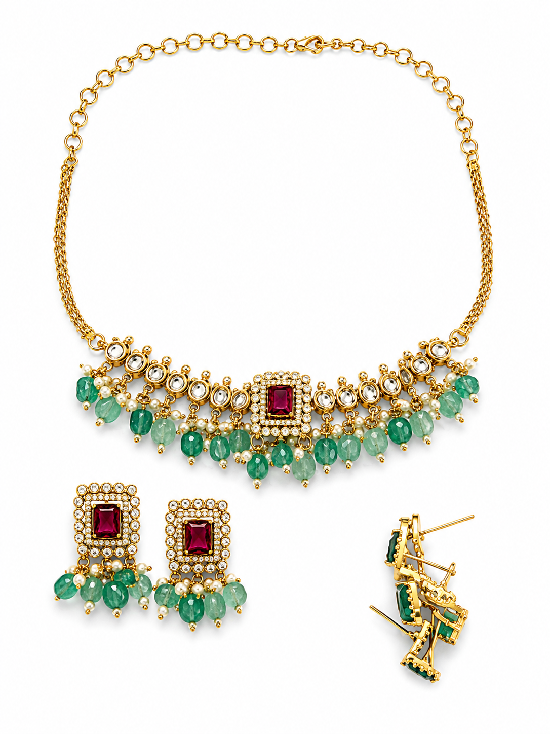 Gold Alloy Kundan Red Stone Necklace Set For Women