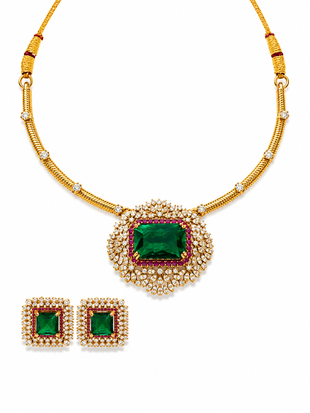 Gold Alloy Green Stone Necklace Set For Women