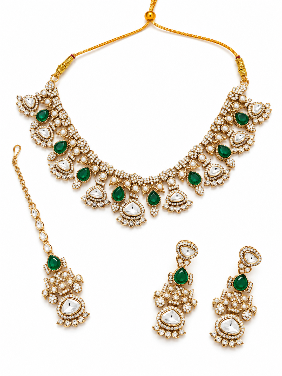 Green Alloy Stone Jewellery Set For Women