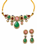 Gold Alloy Multicolor Stone Necklace And Earrings Set For Women