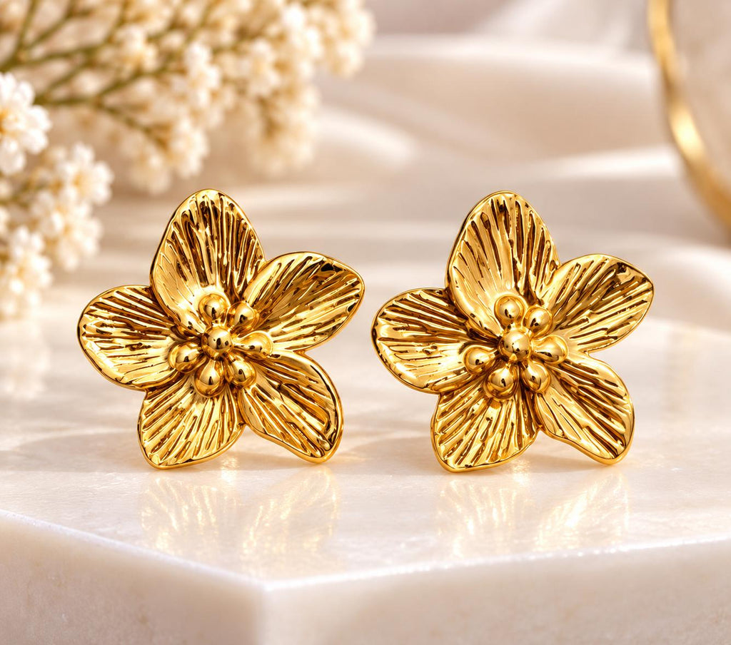 Golden Floral Statement Stud Earrings