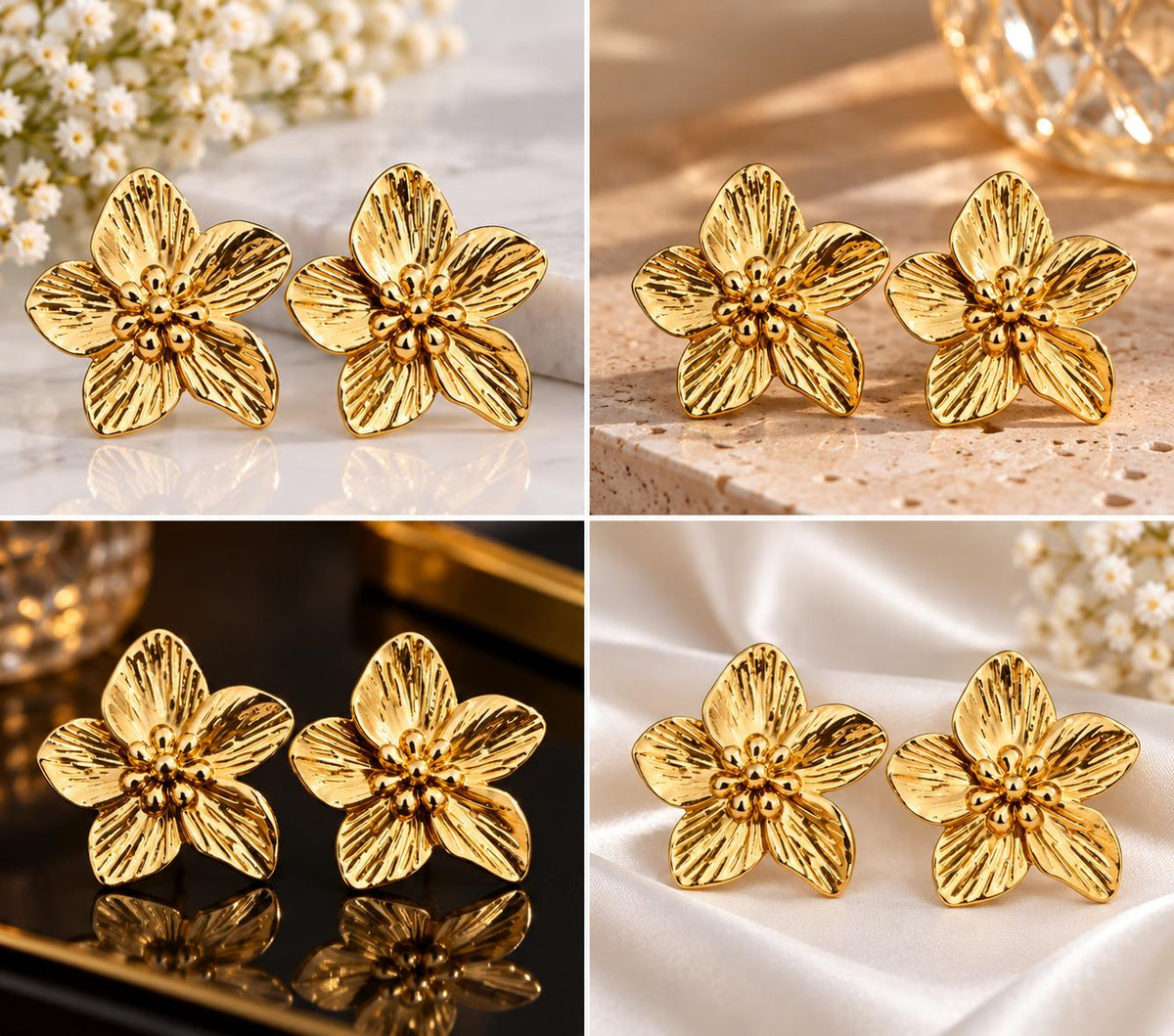 Golden Floral Statement Stud Earrings