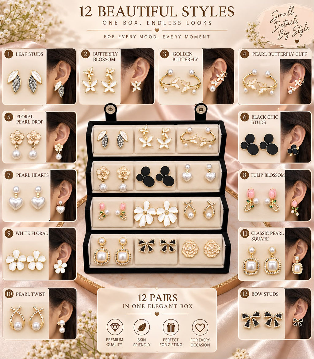 Gold Tone Earrings Set for Women, 12 Pairs