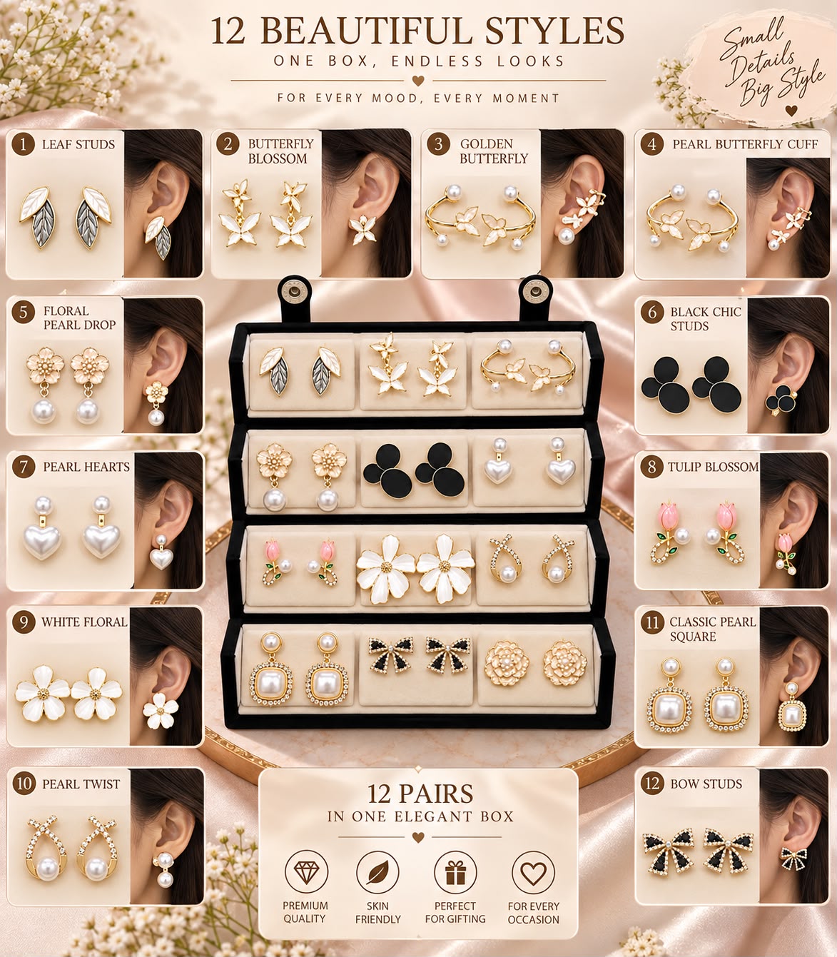 Gold Tone Earrings Set for Women, 12 Pairs