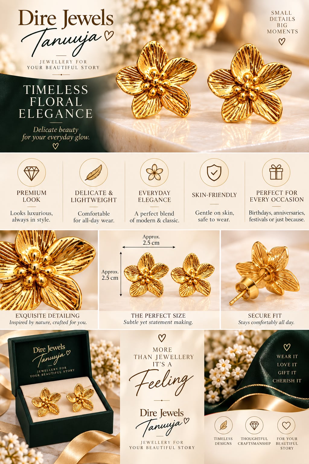 Golden Floral Statement Stud Earrings