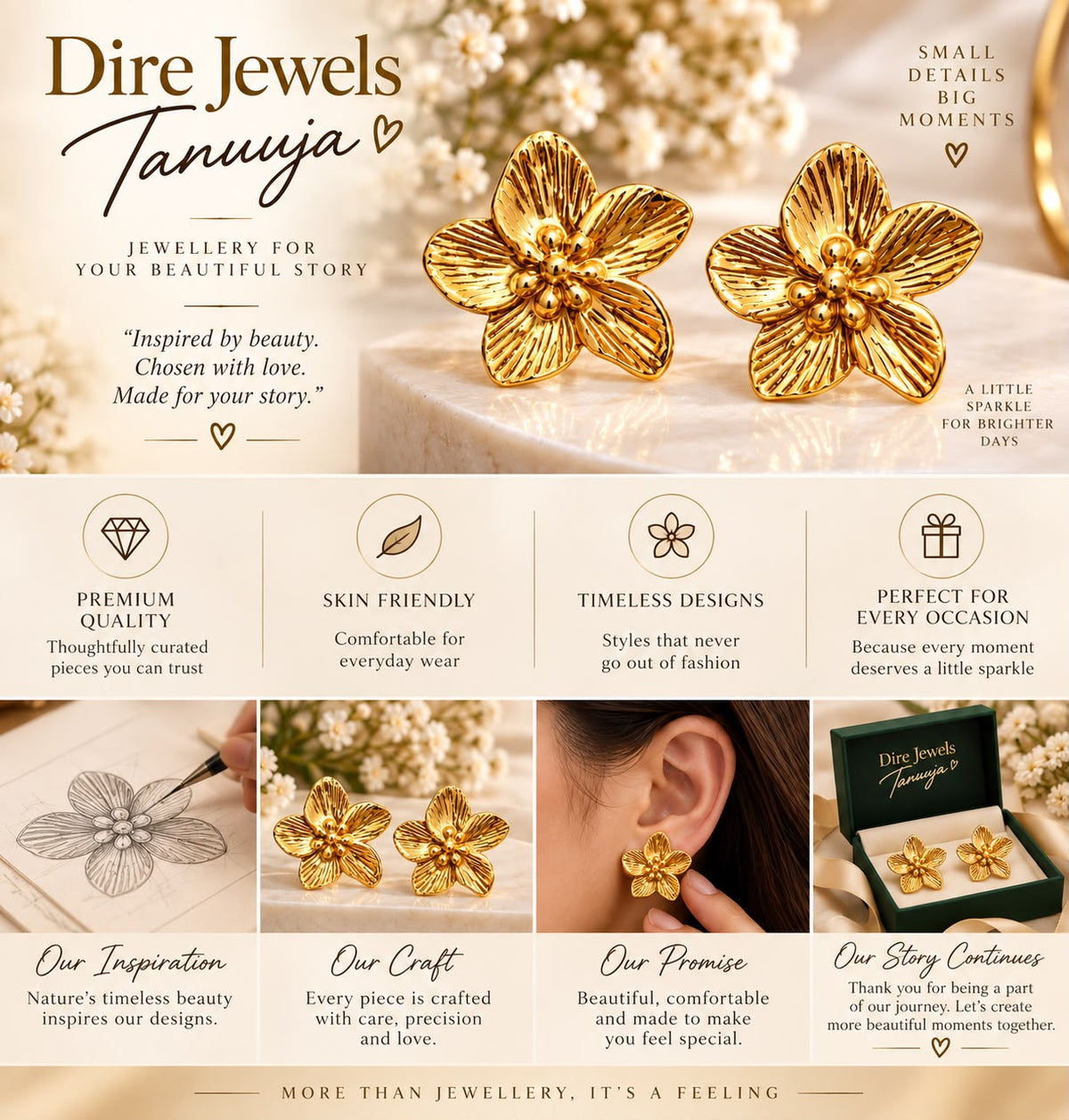 Golden Floral Statement Stud Earrings