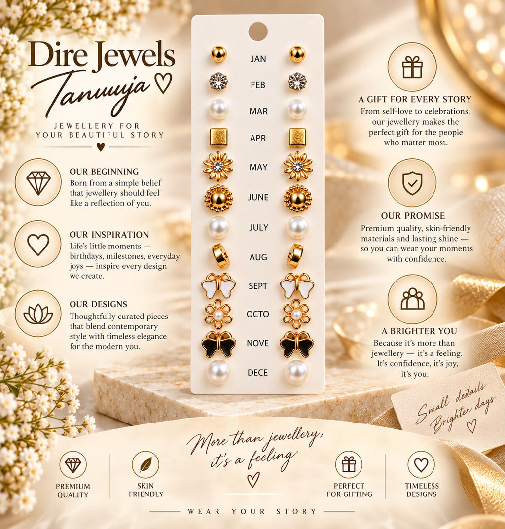 12-Month Golden Stud Earrings Collection