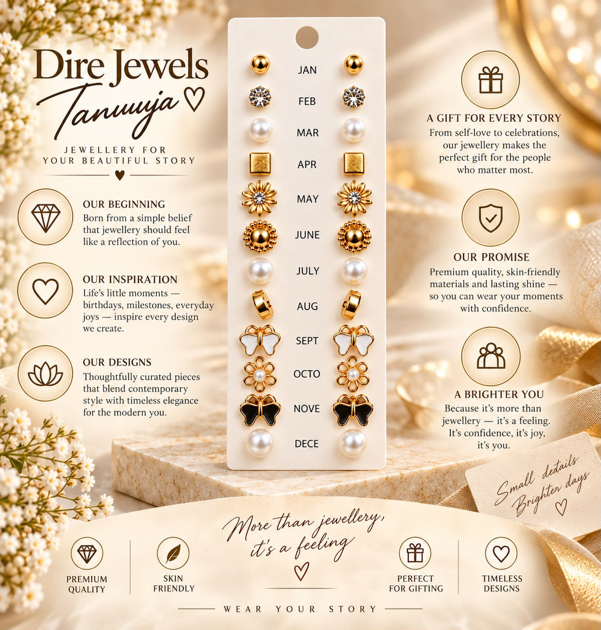 12-Month Golden Stud Earrings Collection