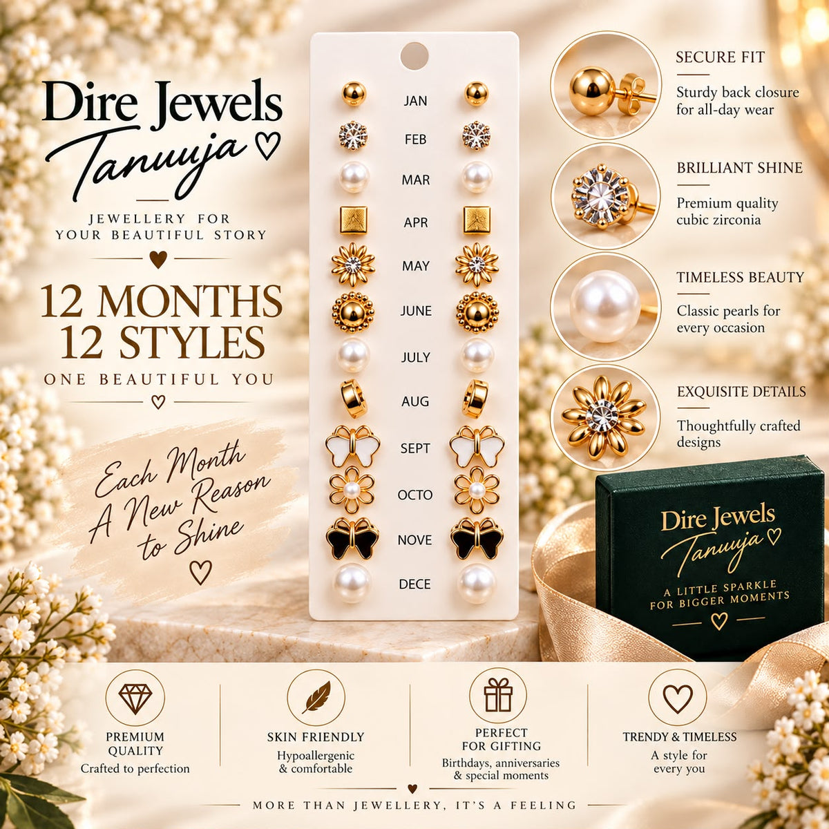 12-Month Golden Stud Earrings Collection