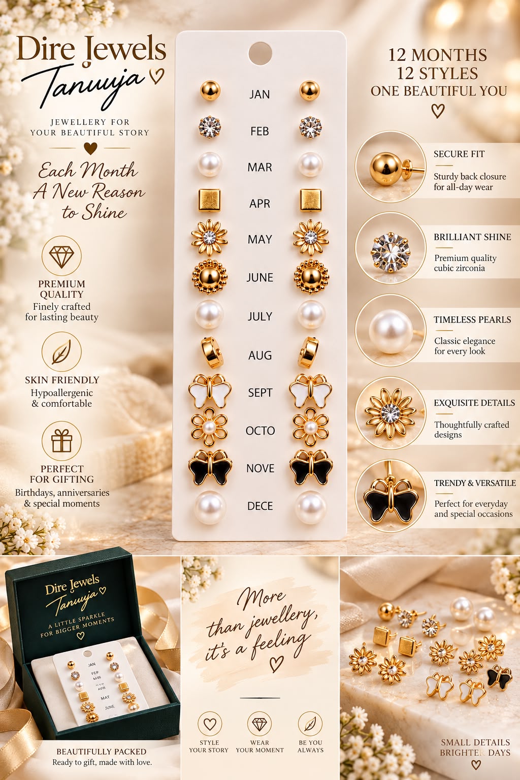 12-Month Golden Stud Earrings Collection