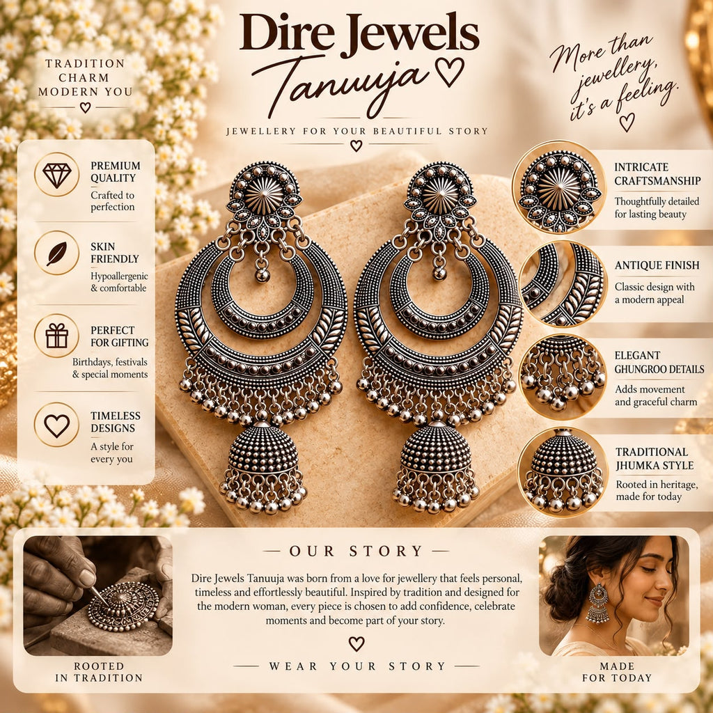 Oxidised Silver Chandbali Jhumka Earrings