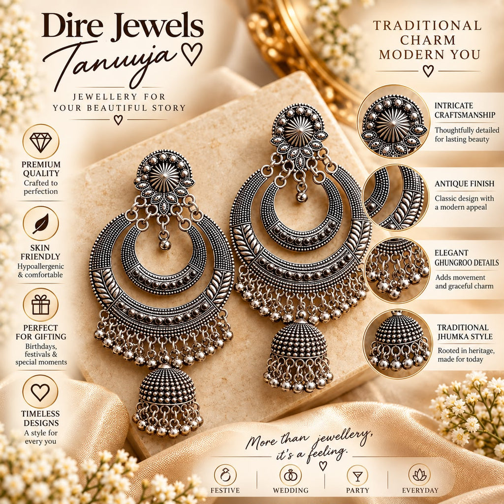 Oxidised Silver Chandbali Jhumka Earrings
