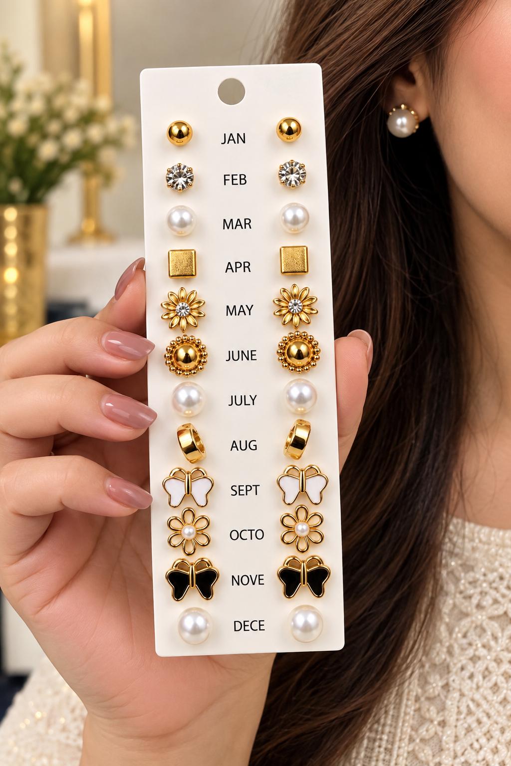 12-Month Golden Stud Earrings Collection