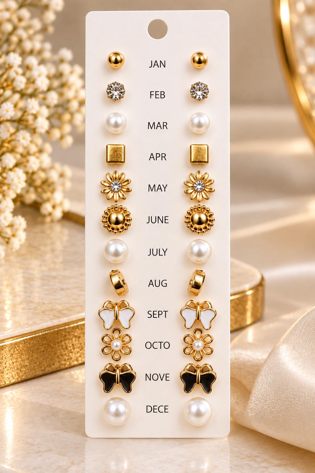 12-Month Golden Stud Earrings Collection