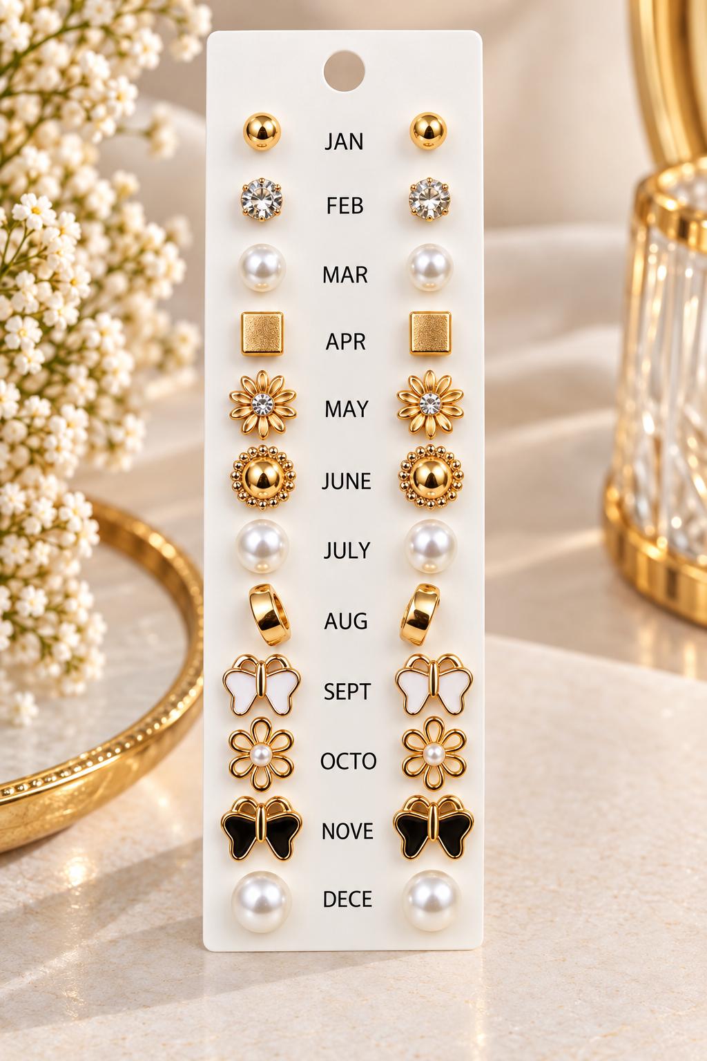 12-Month Golden Stud Earrings Collection