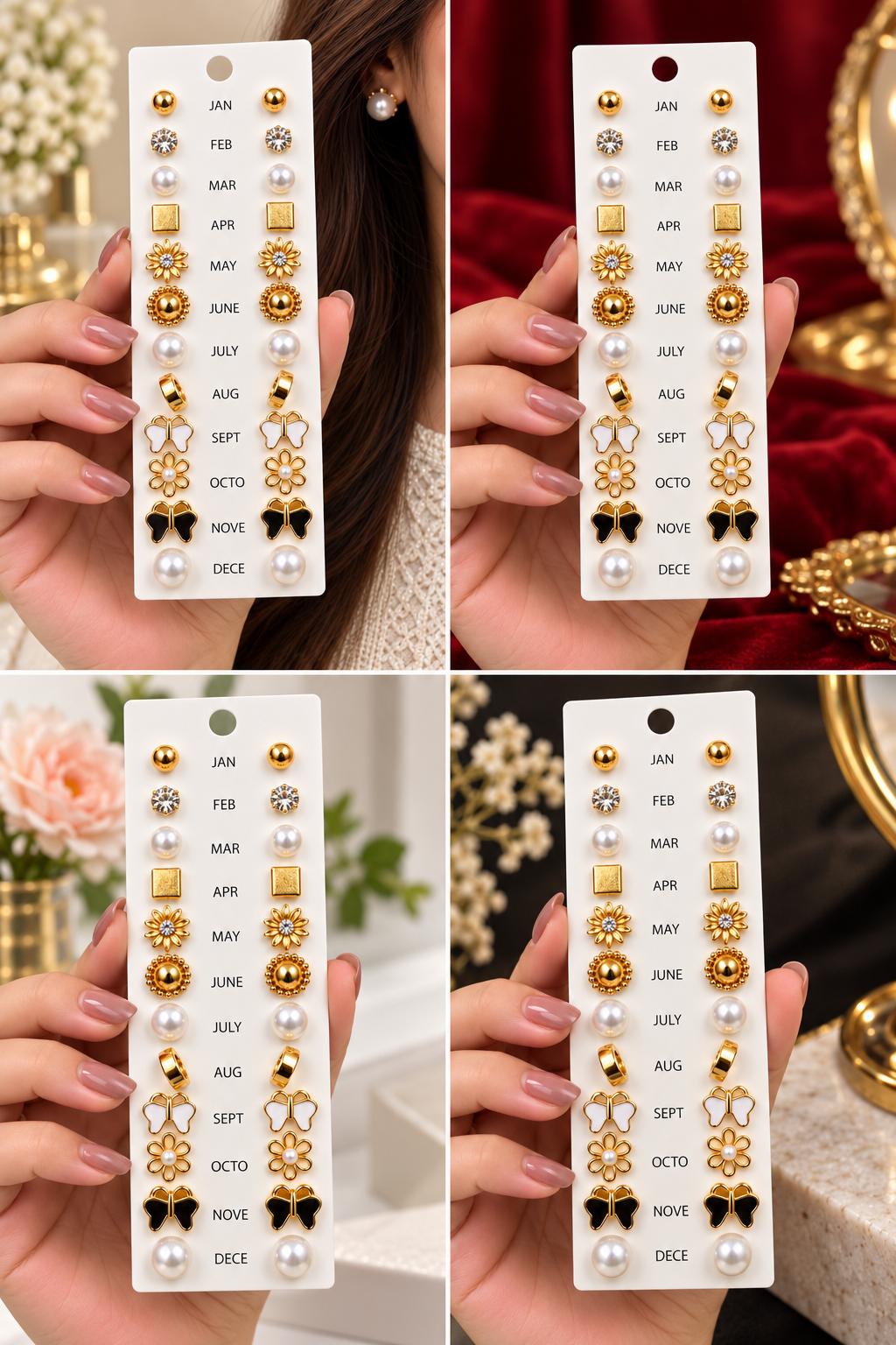 12-Month Golden Stud Earrings Collection