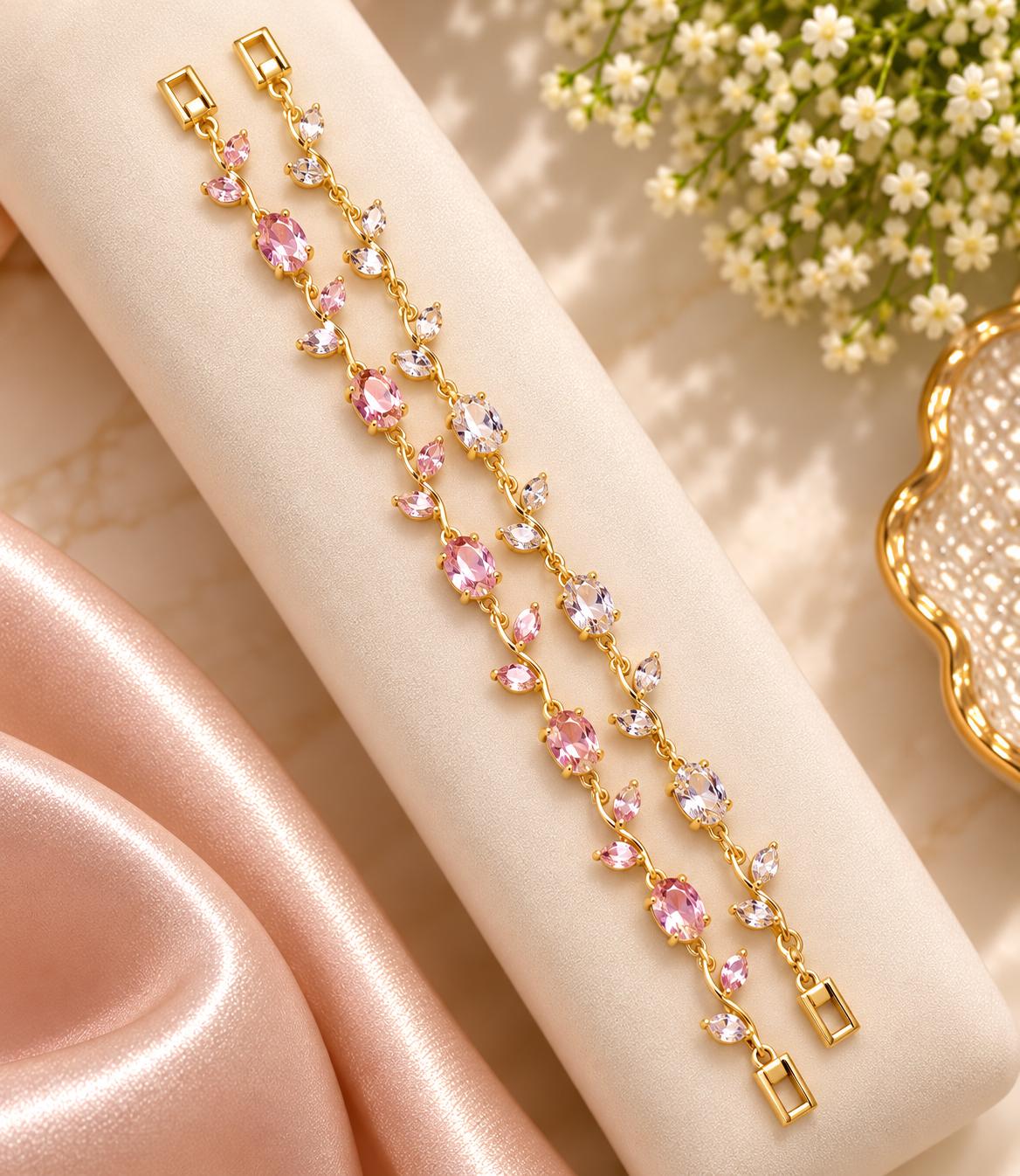 Pink & Crystal Double tulip Bracelet Set