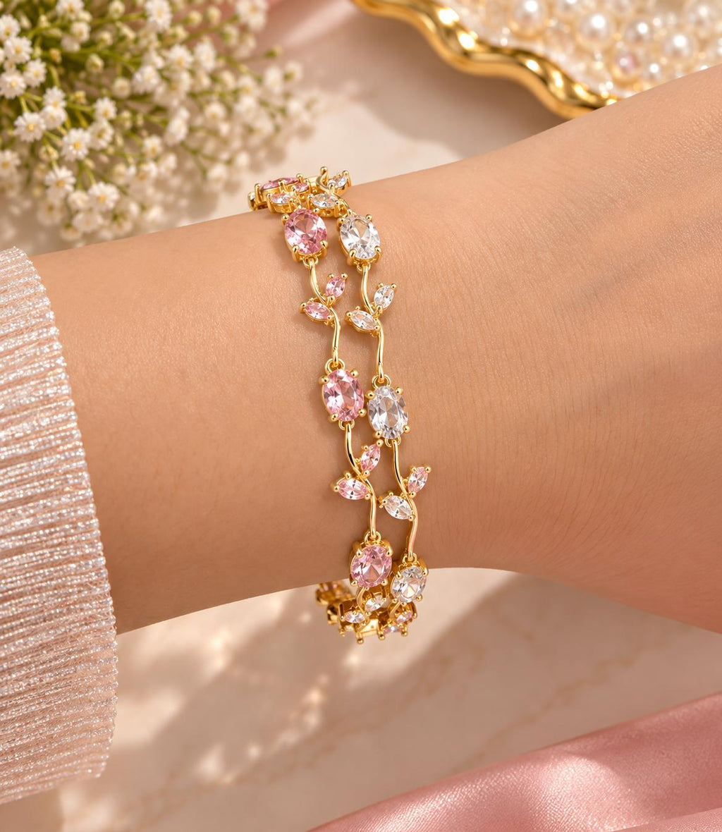 Pink & Crystal Double tulip Bracelet Set