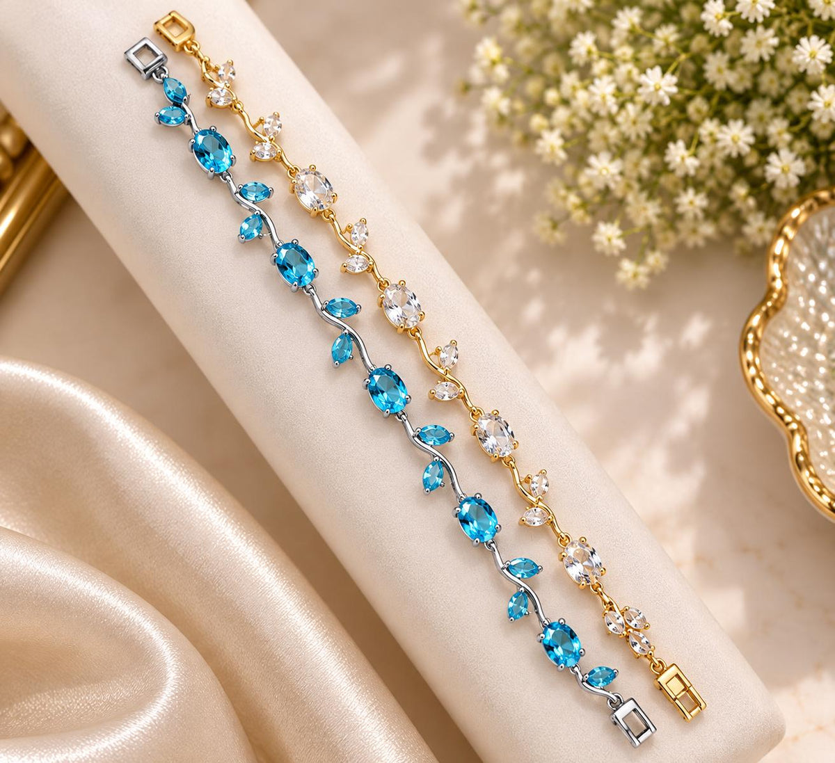 Blue & Crystal tulip Bracelet Duo