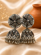 Silver Alloy Oxidised Floral Stone Jhumka Earrings For Women