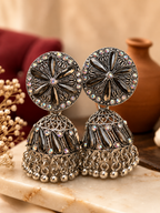 Silver Alloy Oxidised Floral Stone Jhumka Earrings For Women