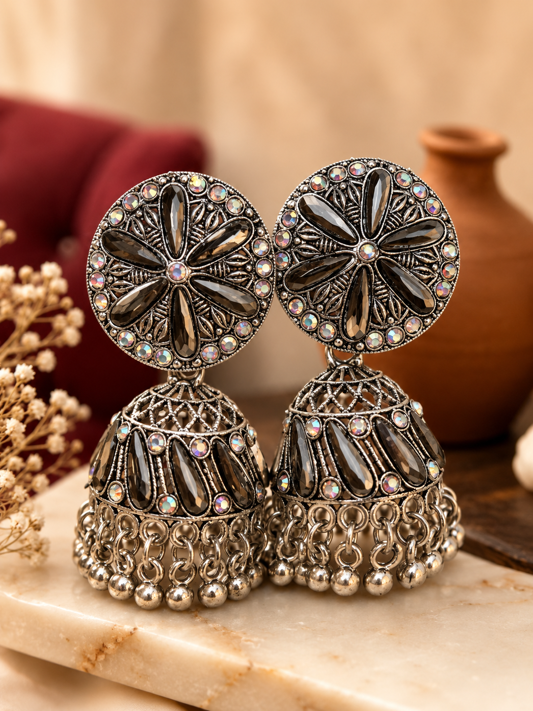 Silver Alloy Oxidised Floral Stone Jhumka Earrings For Women