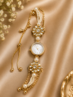 Gold Alloy Pearl Floral Bracelet Watch For Women