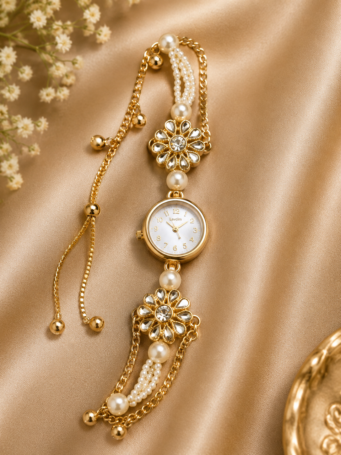 Gold Alloy Pearl Floral Bracelet Watch For Women