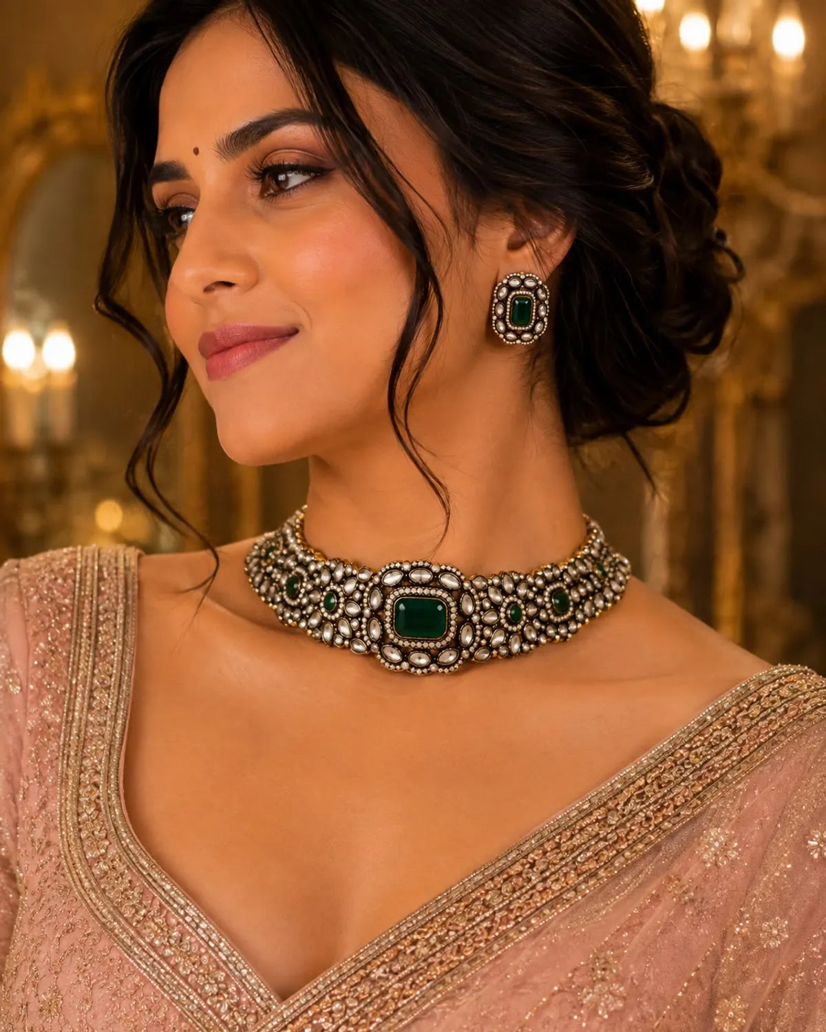 Green Metal And Stone Choker For Women