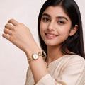 Gold Alloy Pearl Floral Bracelet Watch For Women
