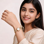 Gold Alloy Pearl Floral Bracelet Watch For Women