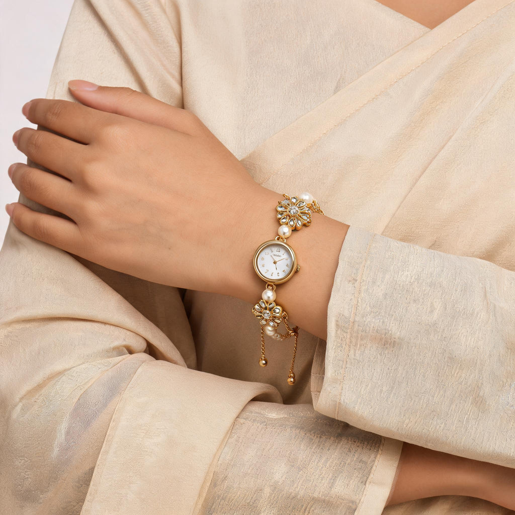 Gold Alloy Pearl Floral Bracelet Watch For Women