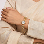 Gold Alloy Pearl Floral Bracelet Watch For Women