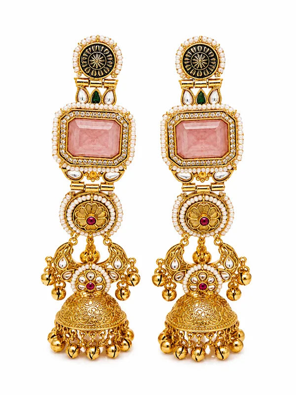 Gold Tone Kundan Jhumka Earrings For Women